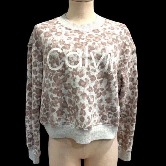 Calvin Klein Performance Cropped Gray and Mauve Animal Print Boxy Sweatshirt - Picture 1 of 12